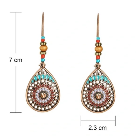 Earrings pierced Boho Glam teardrop drop dangle Copper beaded - Picture 4 of 4